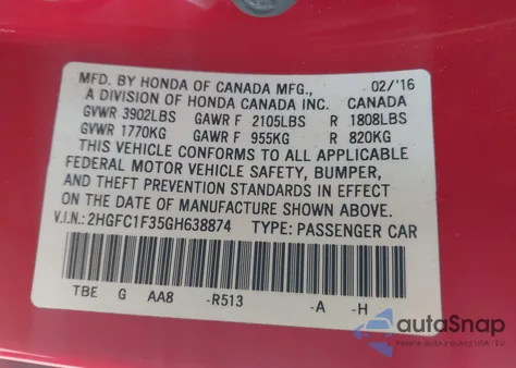 2016 Honda Civic Ex-T from USA, damaged, VIN 2HGFC1F35GH638874